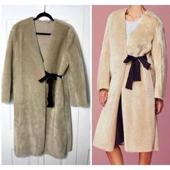 H&M Cream Beige Faux Fur Suede Inside Coat Contrast Black Waist Tie Size Large - Picture 1 of 11